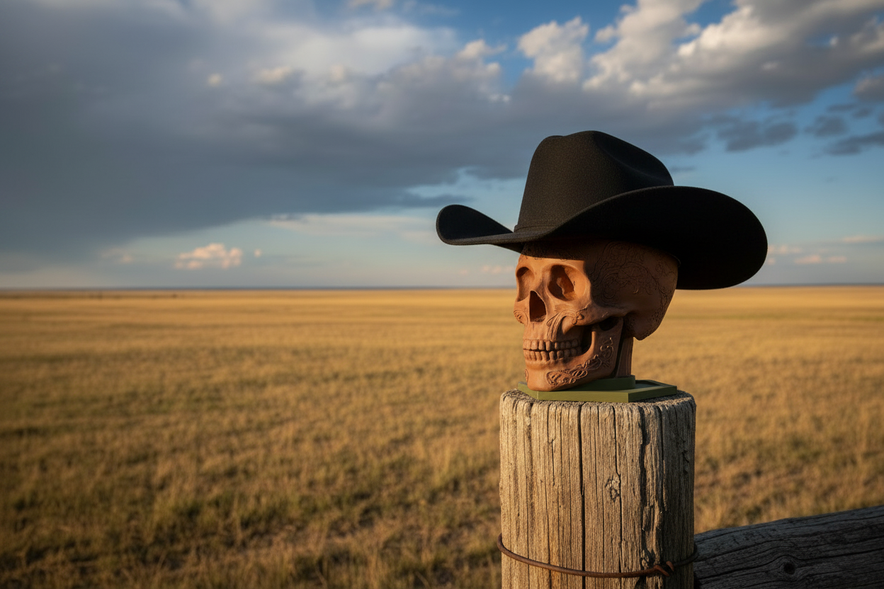 Skull Helmet Display - Black Cowboy Hat